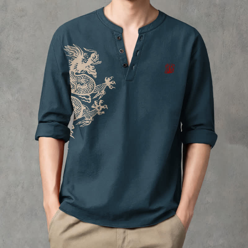 Buddha Stones Cotton Dragon Seal Pattern V-Neck Buttons Men's Long Sleeve Shirts - SteelBlue - US/UK/AU48,EU58 (4XL) - image 7
