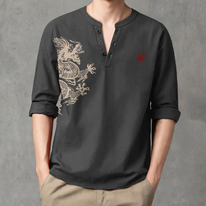 Buddha Stones Cotton Dragon Seal Pattern V-Neck Buttons Men's Long Sleeve Shirts - Black - US/UK/AU48,EU58 (4XL) - image 14