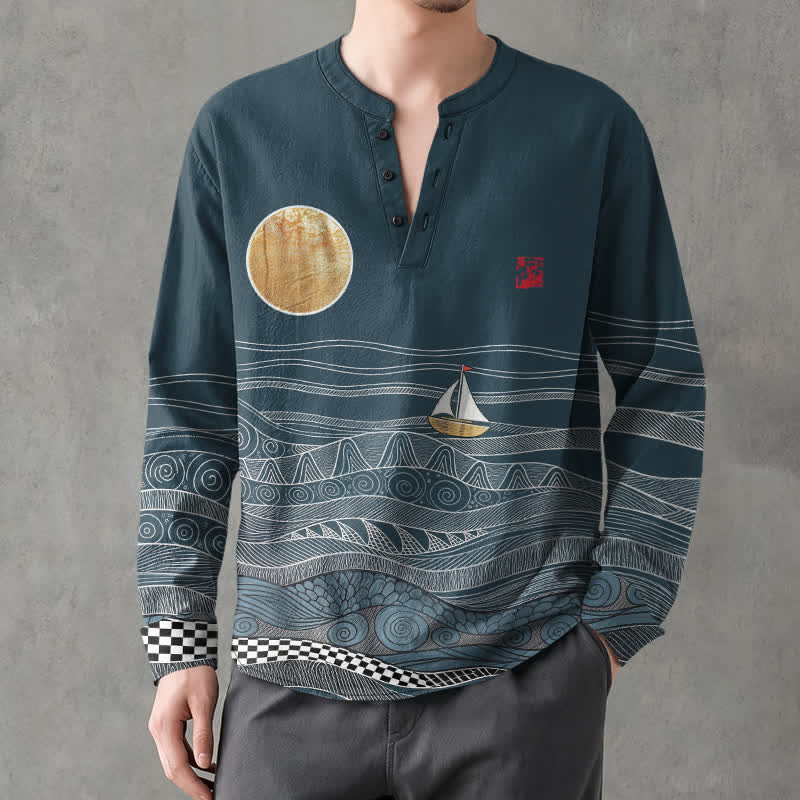 Buddha Stones Cotton Ocean Wave Sailboat Moon Pattern V-Neck Buttons Men's Long Sleeve Shirts - CadetBlue - US/UK/AU48,EU58 (4XL) - image 0