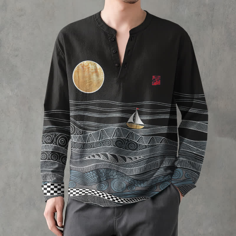 Buddha Stones Cotton Ocean Wave Sailboat Moon Pattern V-Neck Buttons Men's Long Sleeve Shirts - Black - US/UK/AU48,EU58 (4XL) - image 7
