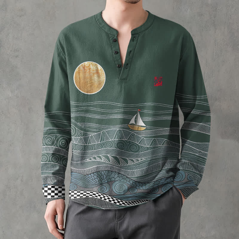 Buddha Stones Cotton Ocean Wave Sailboat Moon Pattern V-Neck Buttons Men's Long Sleeve Shirts - SeaGreen - US/UK/AU48,EU58 (4XL) - image 14