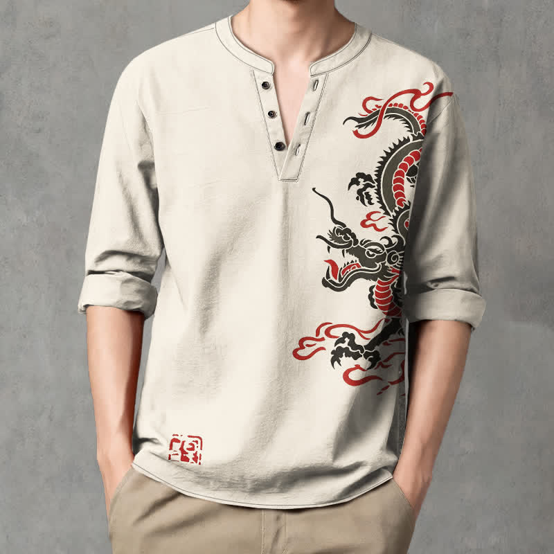 Buddha Stones Cotton Eastern Dragon Flame Pattern V-Neck Buttons Men's Long Sleeve Shirts - Beige - US/UK/AU48,EU58 (4XL) - image 0