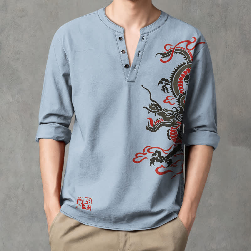 Buddha Stones Cotton Eastern Dragon Flame Pattern V-Neck Buttons Men's Long Sleeve Shirts - LightBlue - US/UK/AU48,EU58 (4XL) - image 7