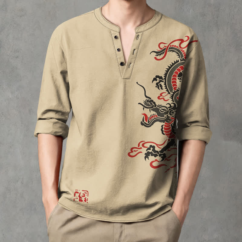 Buddha Stones Cotton Eastern Dragon Flame Pattern V-Neck Buttons Men's Long Sleeve Shirts - Tan - US/UK/AU48,EU58 (4XL) - image 14