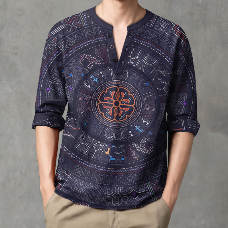 Buddha Stones Cotton Tribal Mandala Pattern V-Neck Buttons Men's Long Sleeve Shirts - Navy - US/UK/AU48,EU58 (4XL) - image 0