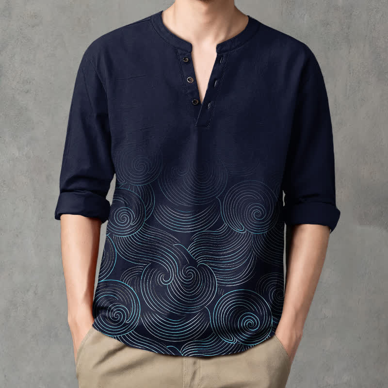 Buddha Stones Cotton Ocean Wave Spiral Pattern V-Neck Buttons Men's Long Sleeve Shirts - Navy - US/UK/AU48,EU58 (4XL) - image 0