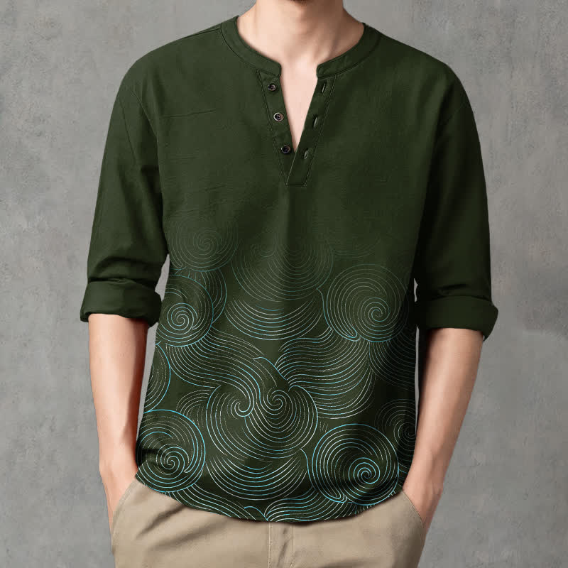 Buddha Stones Cotton Ocean Wave Spiral Pattern V-Neck Buttons Men's Long Sleeve Shirts - DarkGreen - US/UK/AU48,EU58 (4XL) - image 7