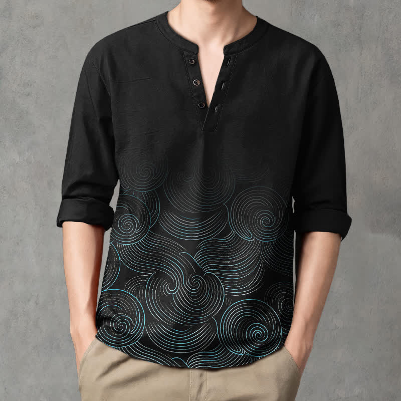 Buddha Stones Cotton Ocean Wave Spiral Pattern V-Neck Buttons Men's Long Sleeve Shirts - Black - US/UK/AU48,EU58 (4XL) - image 14