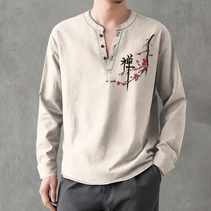 Buddha Stones Cotton Zen Plum Blossom Pattern V-Neck Buttons Men's Long Sleeve Shirts - Linen - US/UK/AU48,EU58 (4XL) - image 0