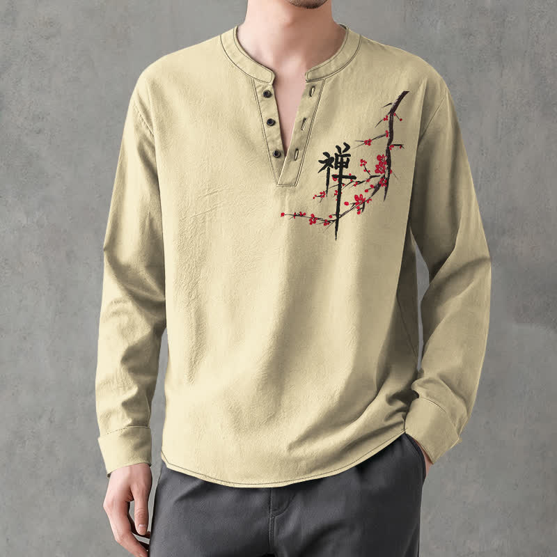 Buddha Stones Cotton Zen Plum Blossom Pattern V-Neck Buttons Men's Long Sleeve Shirts - Khaki - US/UK/AU48,EU58 (4XL) - image 14