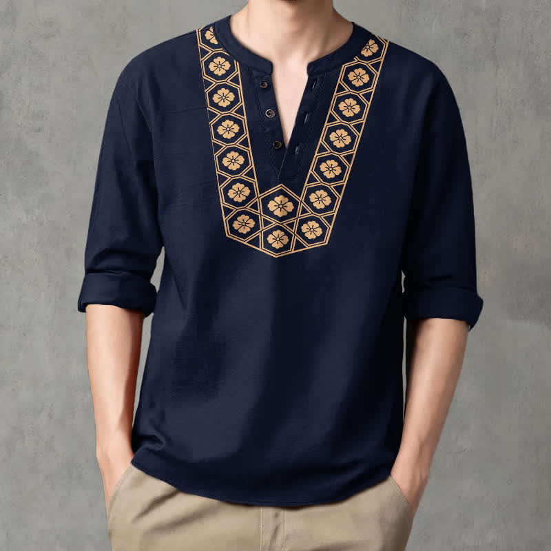 Buddha Stones Cotton Ethnic Flower Grid Pattern V-Neck Buttons Men's Long Sleeve Shirts - Navy - US/UK/AU48,EU58 (4XL) - image 0