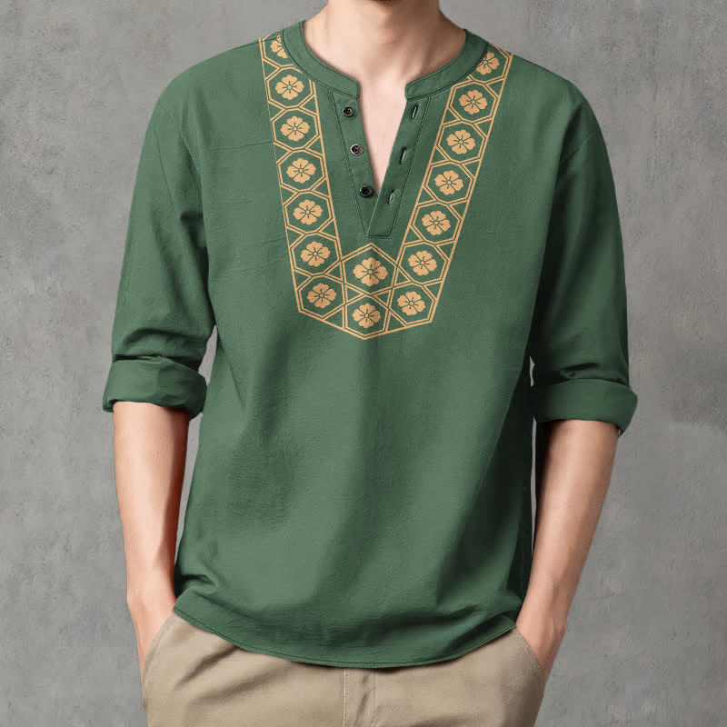 Buddha Stones Cotton Ethnic Flower Grid Pattern V-Neck Buttons Men's Long Sleeve Shirts - ForestGreen - US/UK/AU48,EU58 (4XL) - image 7