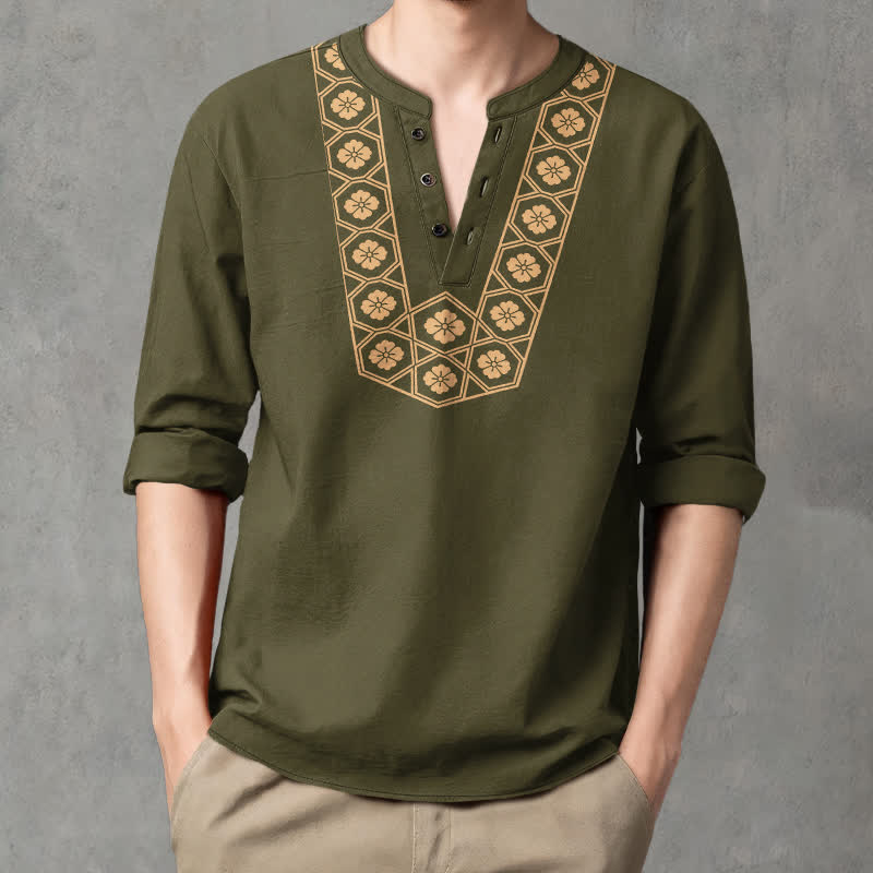 Buddha Stones Cotton Ethnic Flower Grid Pattern V-Neck Buttons Men's Long Sleeve Shirts - DarkOliveGreen - US/UK/AU48,EU58 (4XL) - image 14