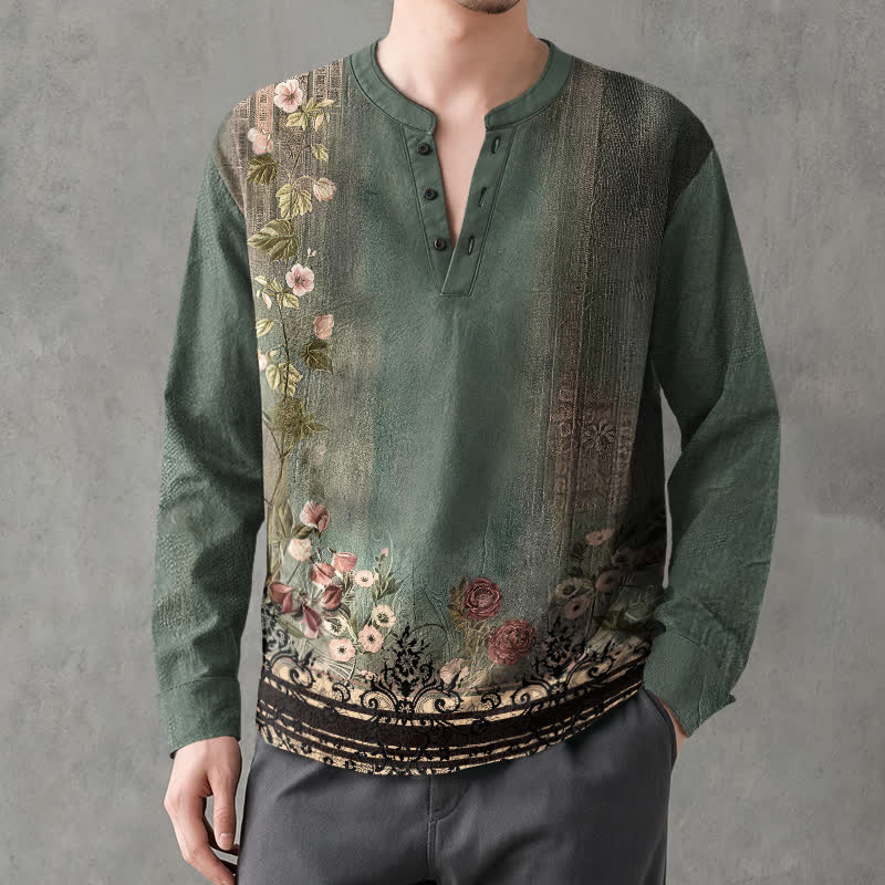 Buddha Stones Cotton Vintage Floral Vine Pattern V-Neck Buttons Men's Long Sleeve Shirts - SeaGreen - US/UK/AU48,EU58 (4XL) - image 0