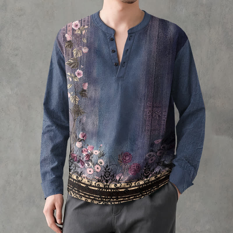 Buddha Stones Cotton Vintage Floral Vine Pattern V-Neck Buttons Men's Long Sleeve Shirts - SteelBlue - US/UK/AU48,EU58 (4XL) - image 7