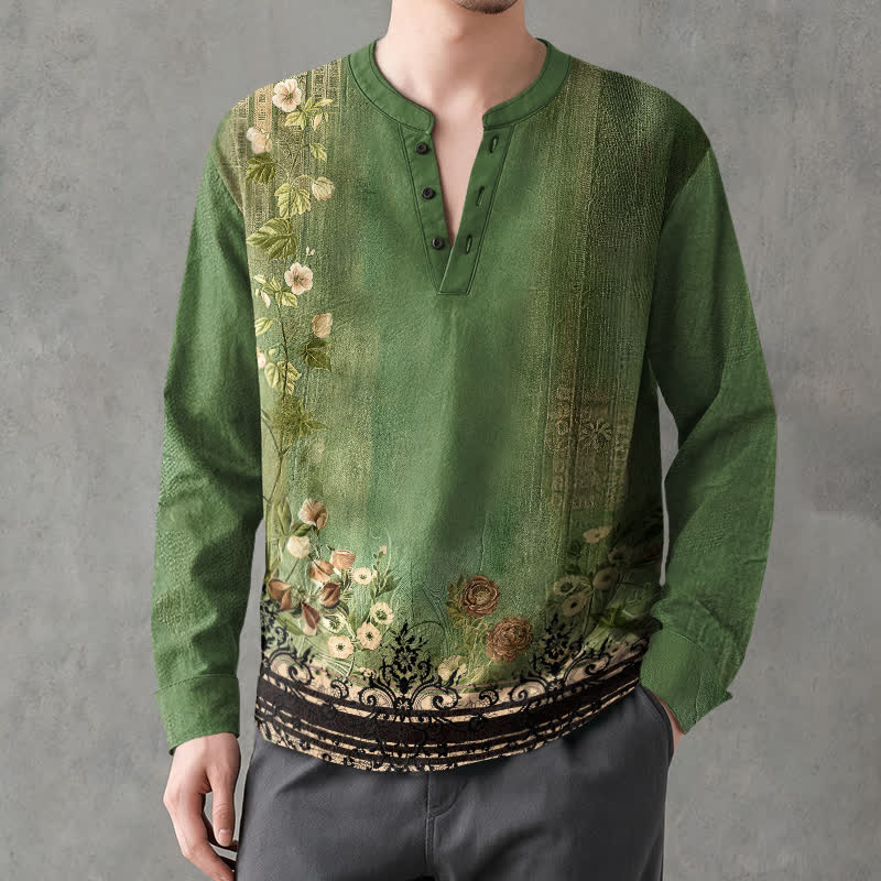 Buddha Stones Cotton Vintage Floral Vine Pattern V-Neck Buttons Men's Long Sleeve Shirts - ForestGreen - US/UK/AU48,EU58 (4XL) - image 14