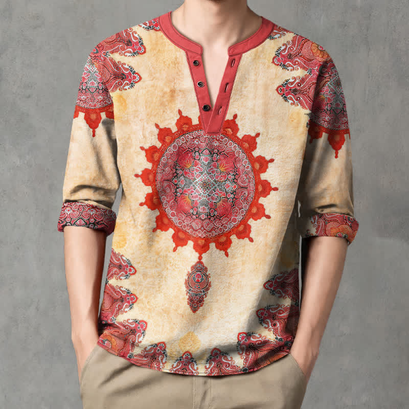 Buddha Stones Cotton Ethnic Paisley Mandala Flower Pattern V-Neck Buttons Men's Long Sleeve Shirts - Wheat - US/UK/AU48,EU58 (4XL) - image 0