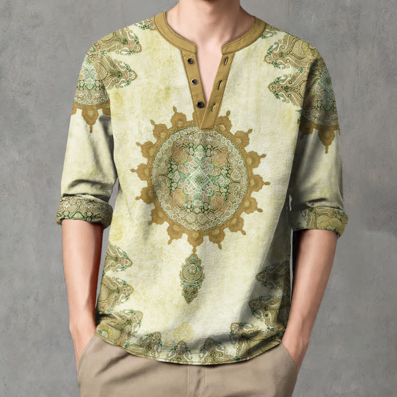 Buddha Stones Cotton Ethnic Paisley Mandala Flower Pattern V-Neck Buttons Men's Long Sleeve Shirts - Honeydew - US/UK/AU48,EU58 (4XL) - image 7
