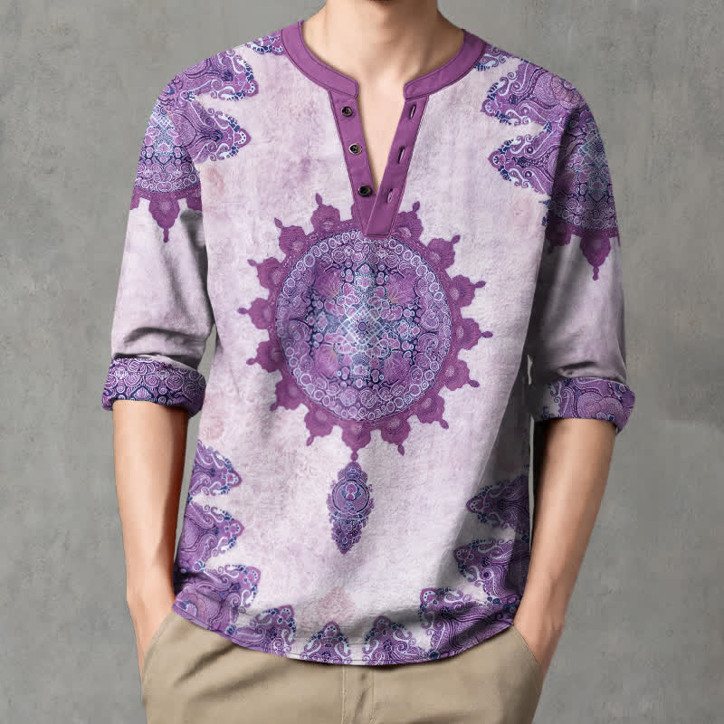 Buddha Stones Cotton Ethnic Paisley Mandala Flower Pattern V-Neck Buttons Men's Long Sleeve Shirts - Lavender - US/UK/AU48,EU58 (4XL) - image 14