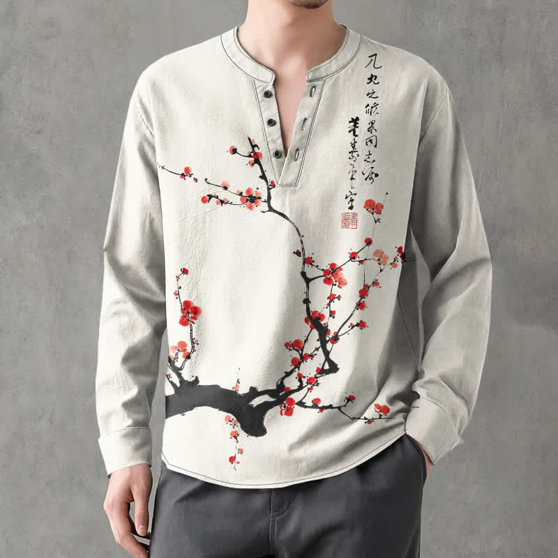 Buddha Stones Cotton Ink Red Plum Blossom Pattern V-Neck Buttons Men's Long Sleeve Shirts - Linen - US/UK/AU48,EU58 (4XL) - image 0