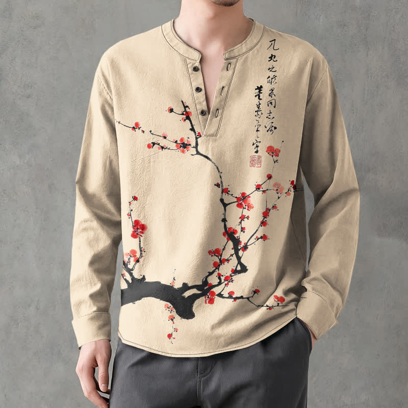 Buddha Stones Cotton Ink Red Plum Blossom Pattern V-Neck Buttons Men's Long Sleeve Shirts - Tan - US/UK/AU48,EU58 (4XL) - image 7