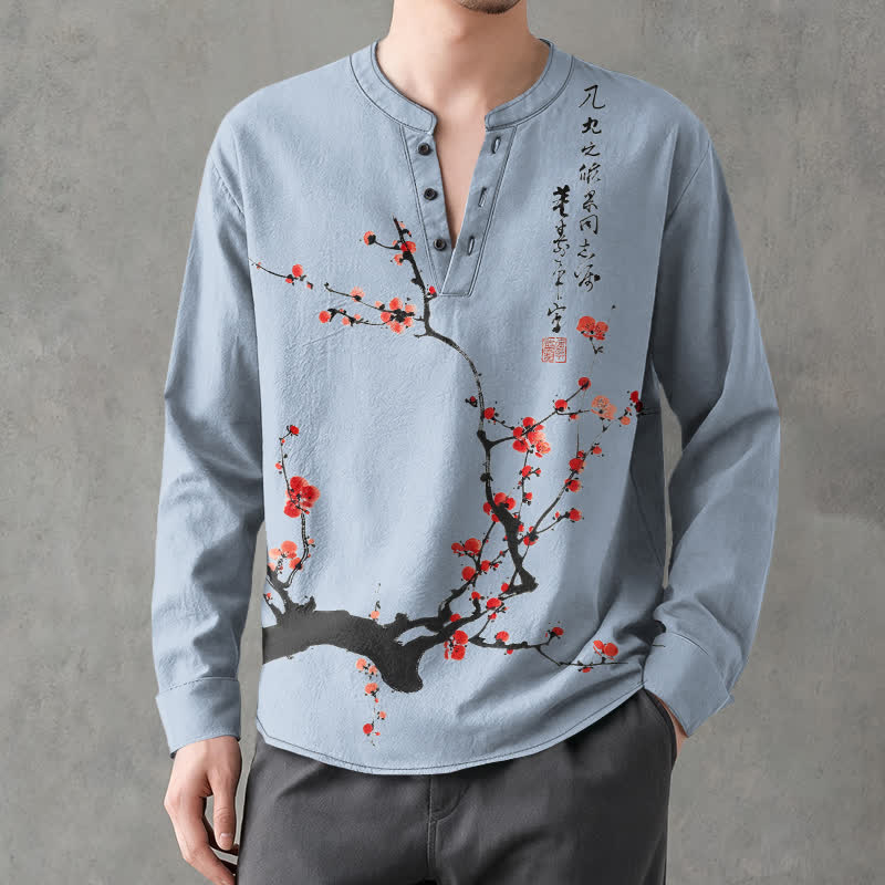 Buddha Stones Cotton Ink Red Plum Blossom Pattern V-Neck Buttons Men's Long Sleeve Shirts - LightSteelBlue - US/UK/AU48,EU58 (4XL) - image 14