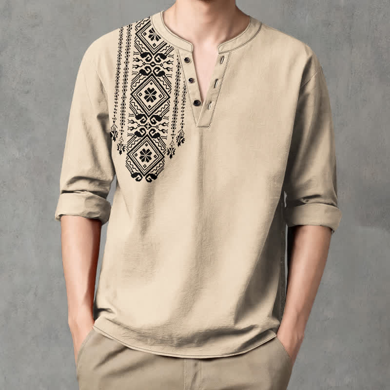 Buddha Stones Cotton Bohemian Square Geometric Pattern V-Neck Buttons Men's Long Sleeve Shirts - Beige - US/UK/AU48,EU58 (4XL) - image 0