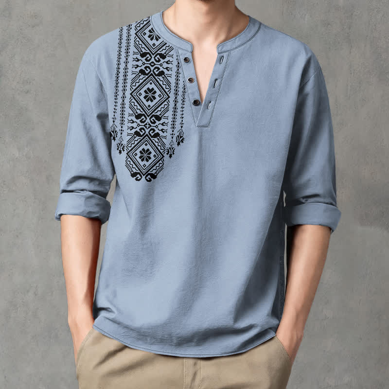 Buddha Stones Cotton Bohemian Square Geometric Pattern V-Neck Buttons Men's Long Sleeve Shirts - LightSteelBlue - US/UK/AU48,EU58 (4XL) - image 7