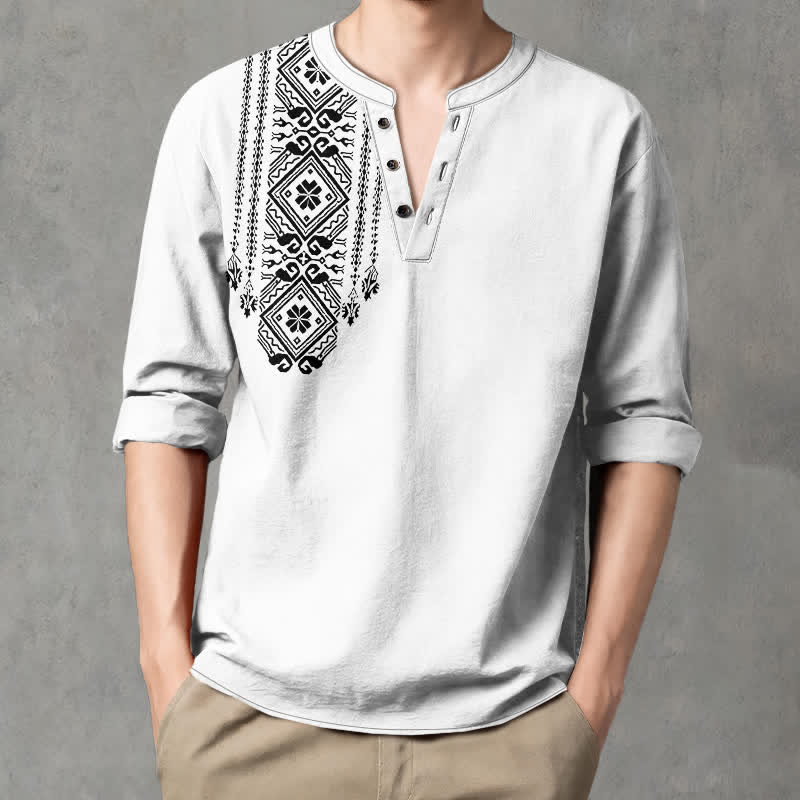 Buddha Stones Cotton Bohemian Square Geometric Pattern V-Neck Buttons Men's Long Sleeve Shirts - White - US/UK/AU48,EU58 (4XL) - image 14