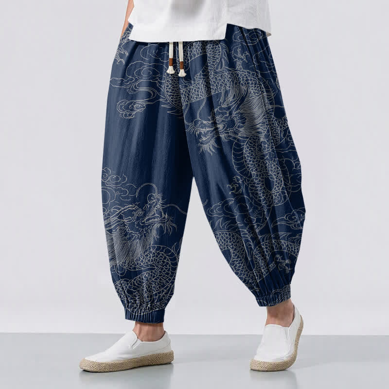 Buddha Stones Pure Cotton Dragon Auspicious Clouds Pattern Drawstring Men's Harem Pants With Pockets - Navy - US/UK/AU50,EU60 (5XL) - image 0