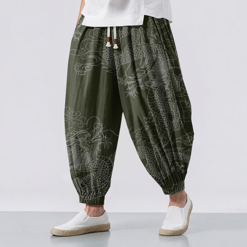 Buddha Stones Pure Cotton Dragon Auspicious Clouds Pattern Drawstring Men's Harem Pants With Pockets - DarkOliveGreen - US/UK/AU50,EU60 (5XL) - image 6
