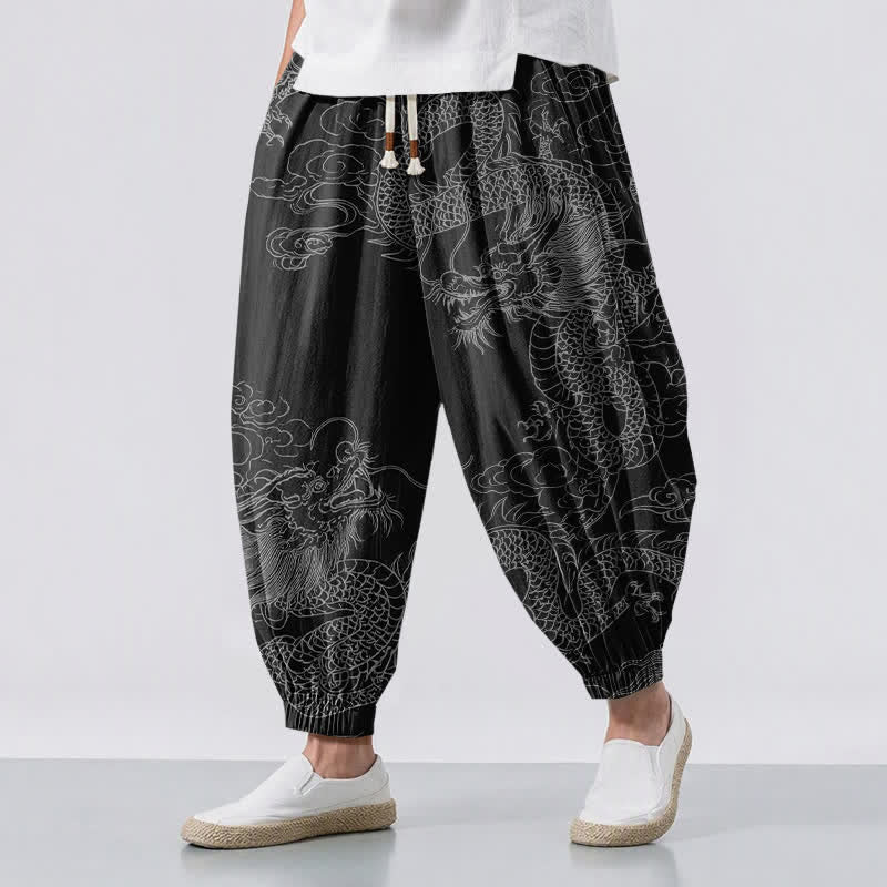 Buddha Stones Pure Cotton Dragon Auspicious Clouds Pattern Drawstring Men's Harem Pants With Pockets - Black - US/UK/AU50,EU60 (5XL) - image 12