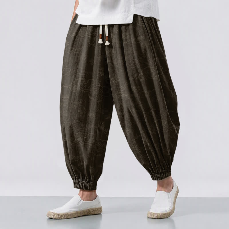 Buddha Stones Pure Cotton Traditional Cloud Medallion Pattern Drawstring Men's Harem Pants With Pockets - SaddleBrown - US/UK/AU50,EU60 (5XL) - image 0