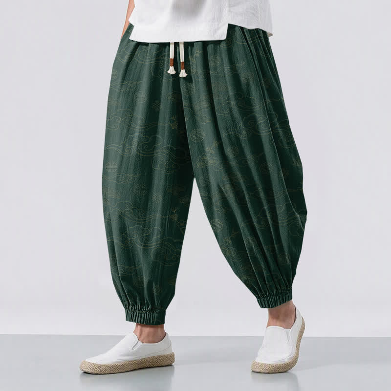 Buddha Stones Pure Cotton Traditional Cloud Medallion Pattern Drawstring Men's Harem Pants With Pockets - DarkGreen - US/UK/AU50,EU60 (5XL) - image 6
