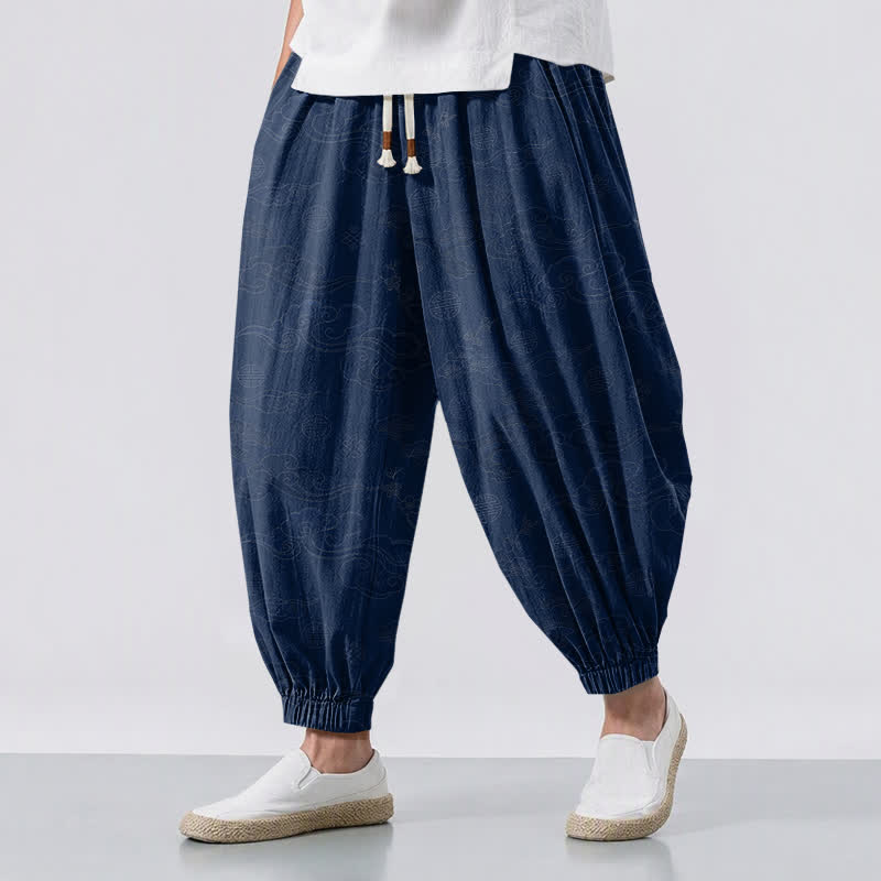 Buddha Stones Pure Cotton Traditional Cloud Medallion Pattern Drawstring Men's Harem Pants With Pockets - Navy - US/UK/AU50,EU60 (5XL) - image 12