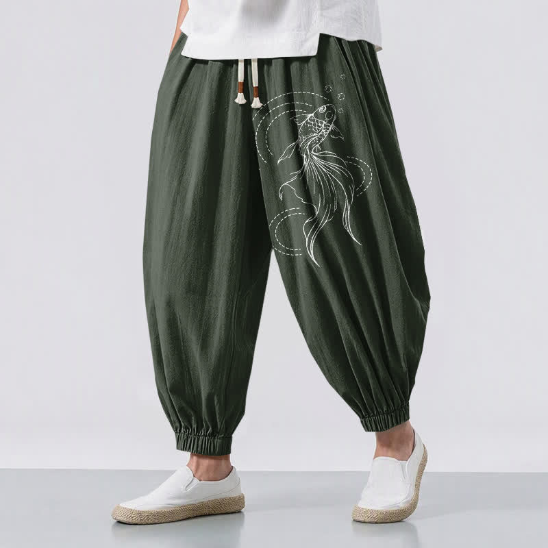Buddha Stones Pure Cotton Koi Fish Pattern Drawstring Men's Harem Pants With Pockets - DarkGreen - US/UK/AU50,EU60 (5XL) - image 6