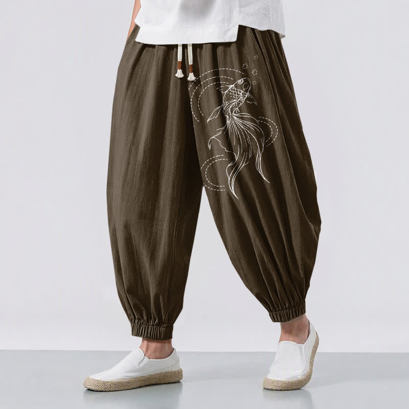 Buddha Stones Pure Cotton Koi Fish Pattern Drawstring Men's Harem Pants With Pockets - SaddleBrown - US/UK/AU50,EU60 (5XL) - image 12
