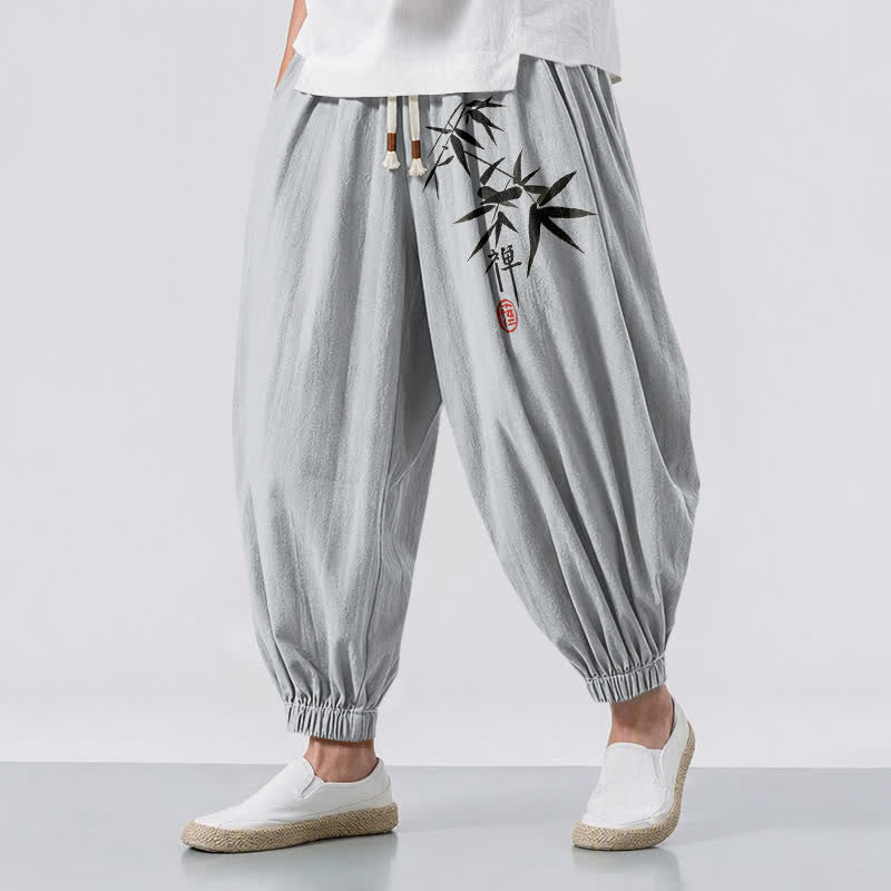 Buddha Stones Pure Cotton Ink Bamboo Pattern Drawstring Men's Harem Pants With Pockets - LightGrey - US/UK/AU50,EU60 (5XL) - image 0