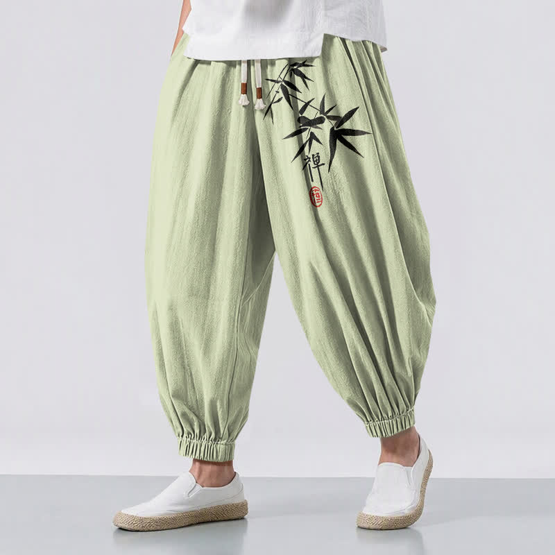 Buddha Stones Pure Cotton Ink Bamboo Pattern Drawstring Men's Harem Pants With Pockets - Honeydew - US/UK/AU50,EU60 (5XL) - image 6