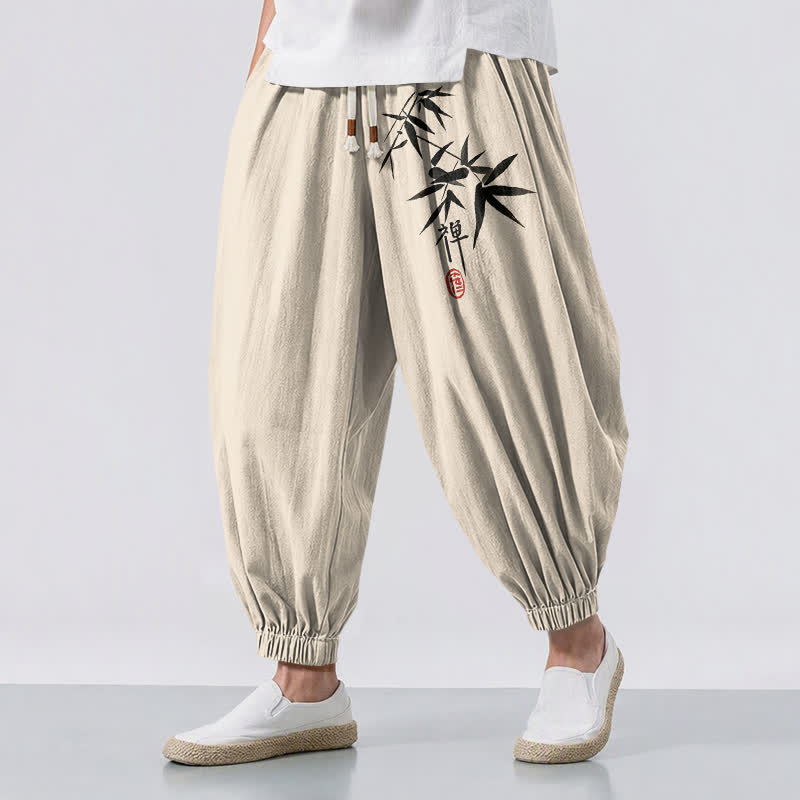 Buddha Stones Pure Cotton Ink Bamboo Pattern Drawstring Men's Harem Pants With Pockets - Beige - US/UK/AU50,EU60 (5XL) - image 12