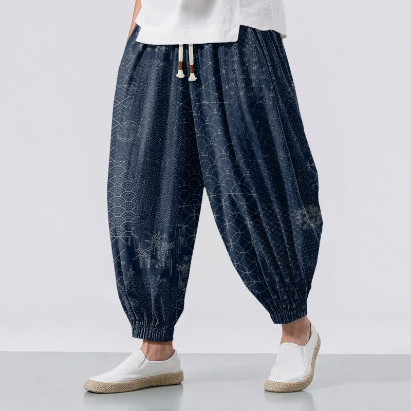 Buddha Stones Pure Cotton Geometric Wave Pattern Drawstring Men's Harem Pants With Pockets - Navy - US/UK/AU50,EU60 (5XL) - image 0