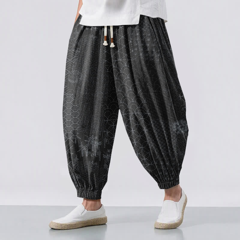 Buddha Stones Pure Cotton Geometric Wave Pattern Drawstring Men's Harem Pants With Pockets - Black - US/UK/AU50,EU60 (5XL) - image 12