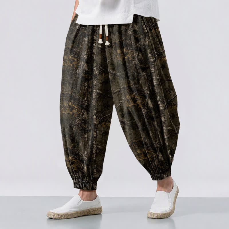 Buddha Stones Pure Cotton Marble Camo Pattern Drawstring Men's Harem Pants With Pockets - SaddleBrown - US/UK/AU50,EU60 (5XL) - image 0