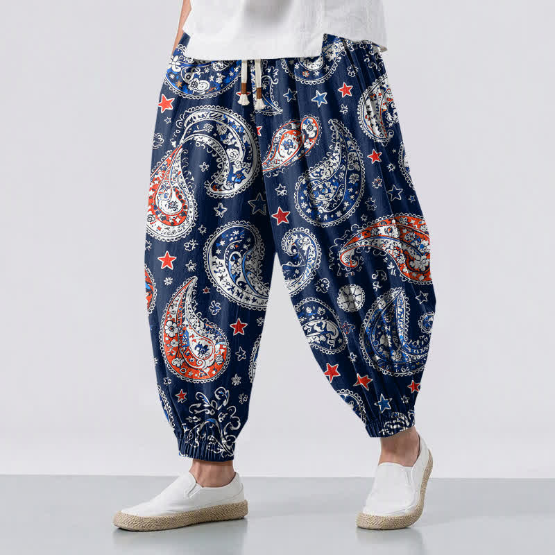 Buddha Stones Pure Cotton Paisley Star Pattern Drawstring Men's Harem Pants With Pockets - Navy - US/UK/AU50,EU60 (5XL) - image 0