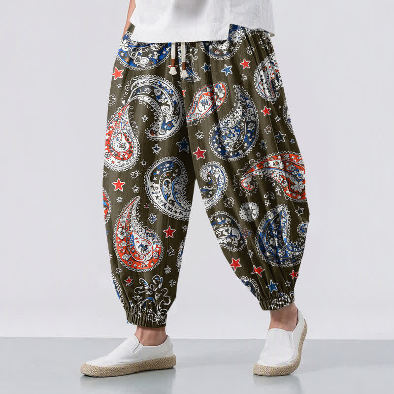 Buddha Stones Pure Cotton Paisley Star Pattern Drawstring Men's Harem Pants With Pockets - Olive - US/UK/AU50,EU60 (5XL) - image 6
