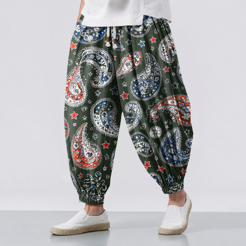 Buddha Stones Pure Cotton Paisley Star Pattern Drawstring Men's Harem Pants With Pockets - DarkOliveGreen - US/UK/AU50,EU60 (5XL) - image 12