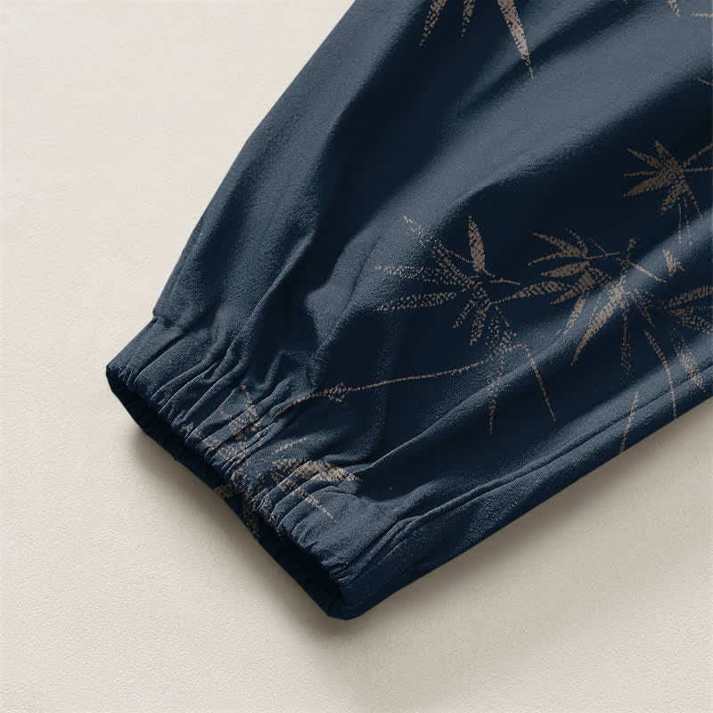Buddha Stones Pure Cotton Bamboo Leaf Pattern Drawstring Men's Harem Pants With Pockets - image 10