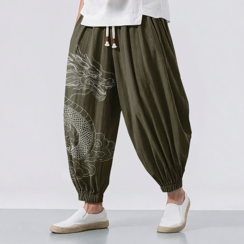 Buddha Stones Pure Cotton White Dragon Clouds Pattern Drawstring Men's Harem Pants With Pockets - DarkOliveGreen - US/UK/AU50,EU60 (5XL) - image 0