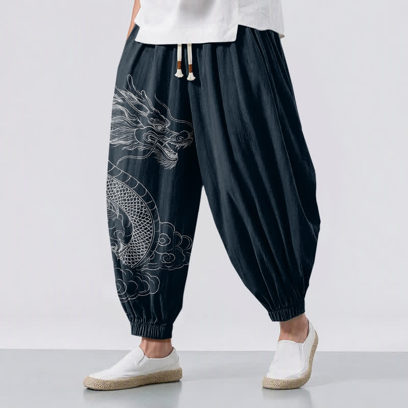 Buddha Stones Pure Cotton White Dragon Clouds Pattern Drawstring Men's Harem Pants With Pockets - Navy - US/UK/AU50,EU60 (5XL) - image 6