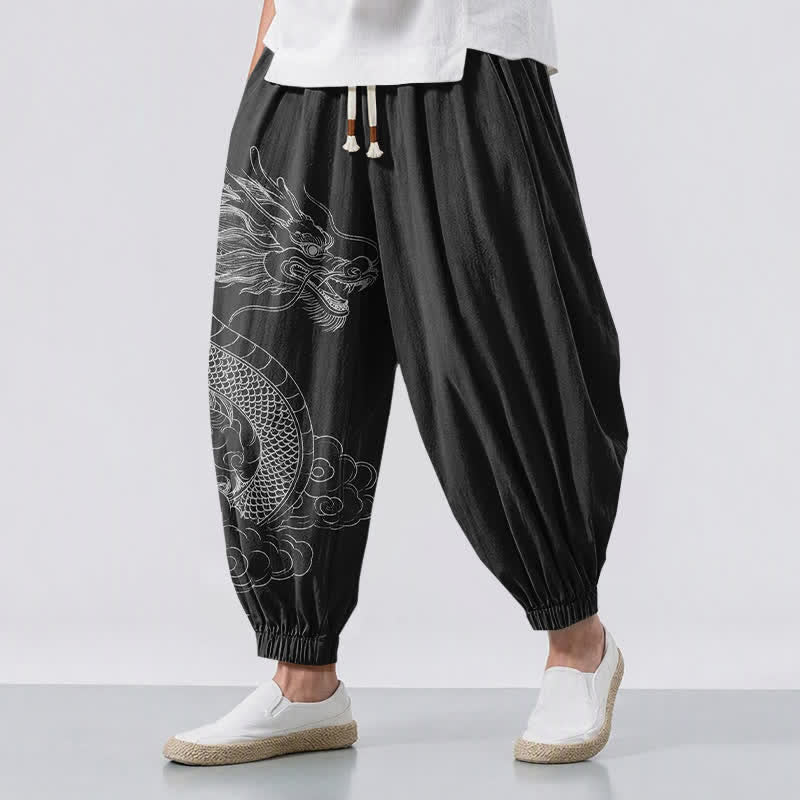 Buddha Stones Pure Cotton White Dragon Clouds Pattern Drawstring Men's Harem Pants With Pockets - Black - US/UK/AU50,EU60 (5XL) - image 12
